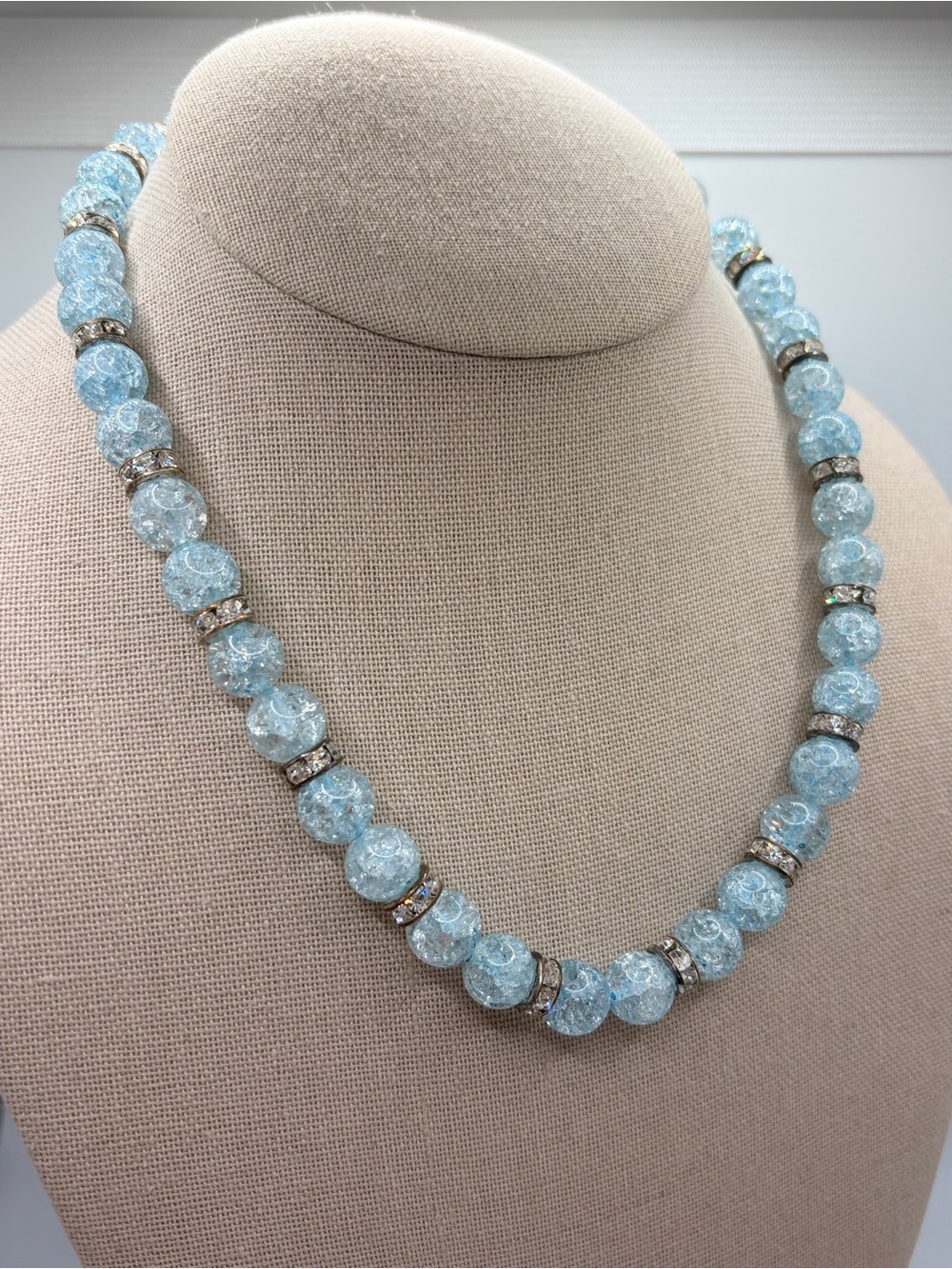 Sparkling Blue Crackle Glass Bead Necklace with Rhinestone Spacers